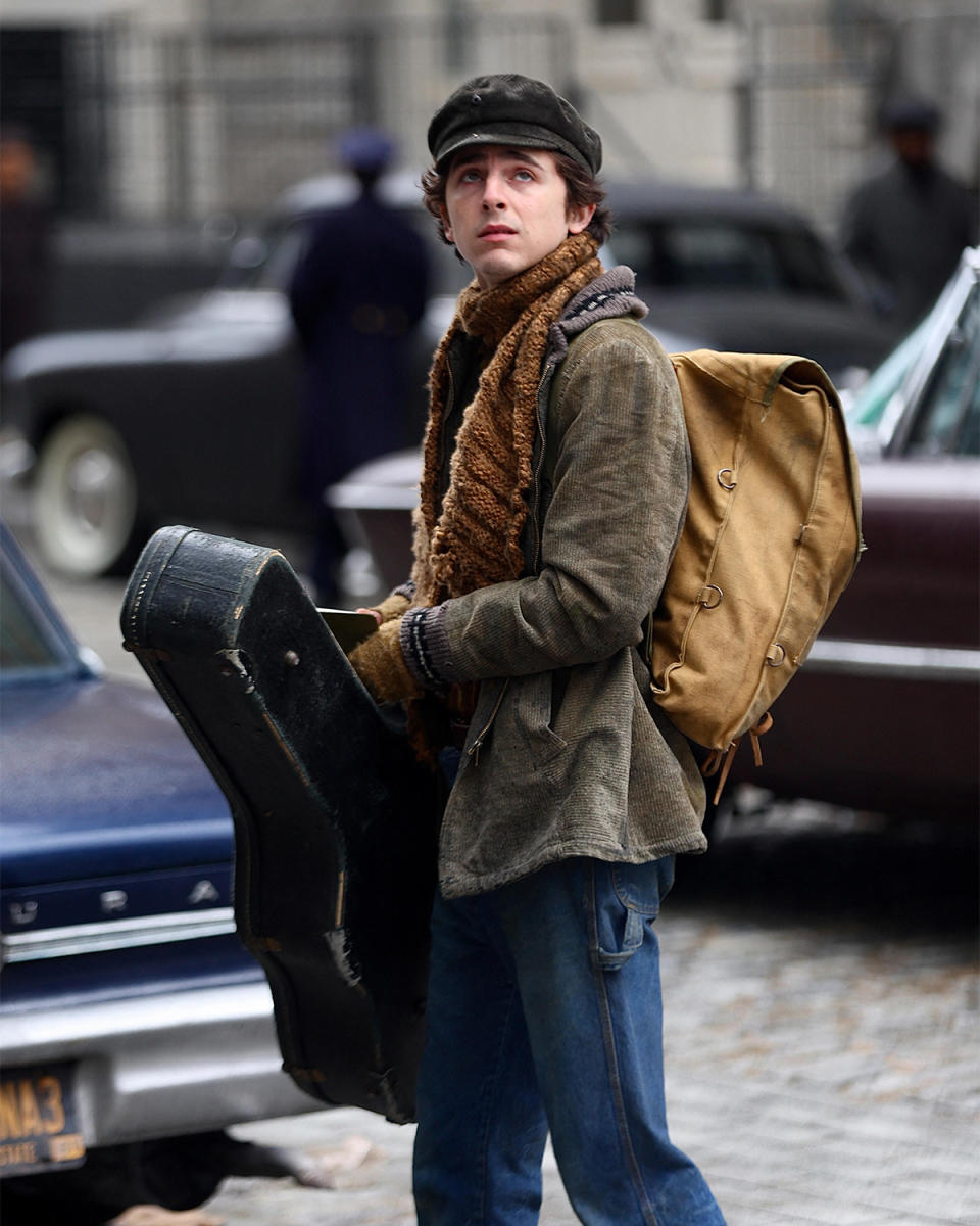 Timothee Chalamet as Bob Dylan filming James Mangold's "A Complete Unknown". 17 Mar 2024 Pictured: Timothee Chalamet. Photo credit: SteveSands/NewYorkNewswire/MEGA TheMegaAgency.com +1 888 505 6342 (Mega Agency TagID: MEGA1112213_006.jpg) [Photo via Mega Agency]