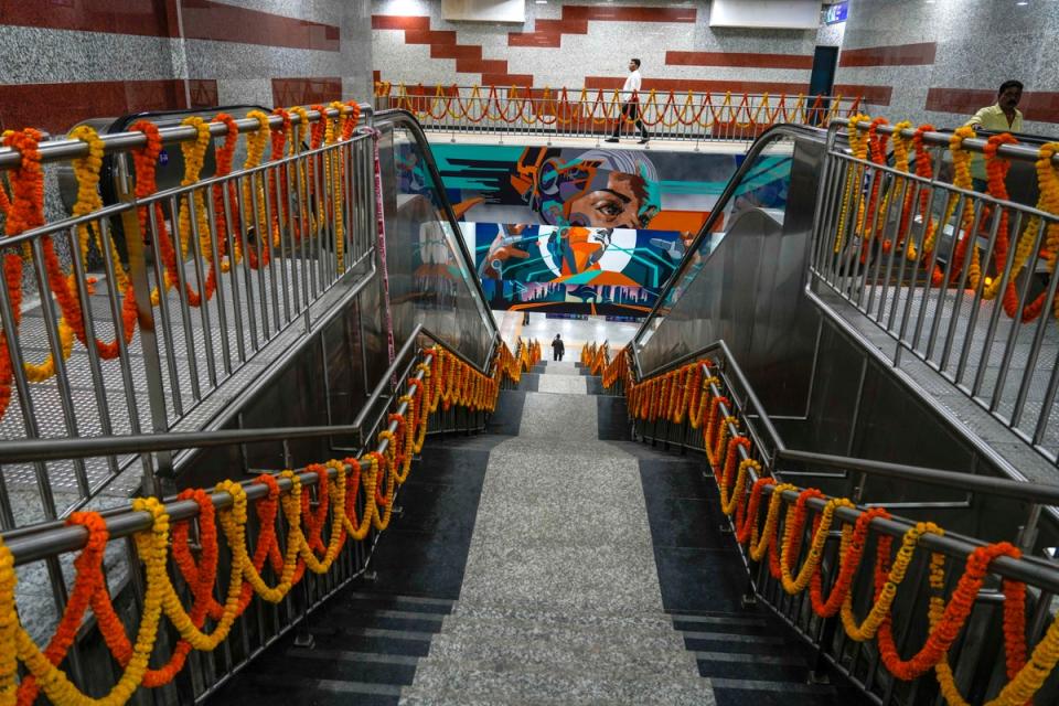 Decorations at the newly inaugurated Esplanade metro station in Kolkata on Wednesday (AP)