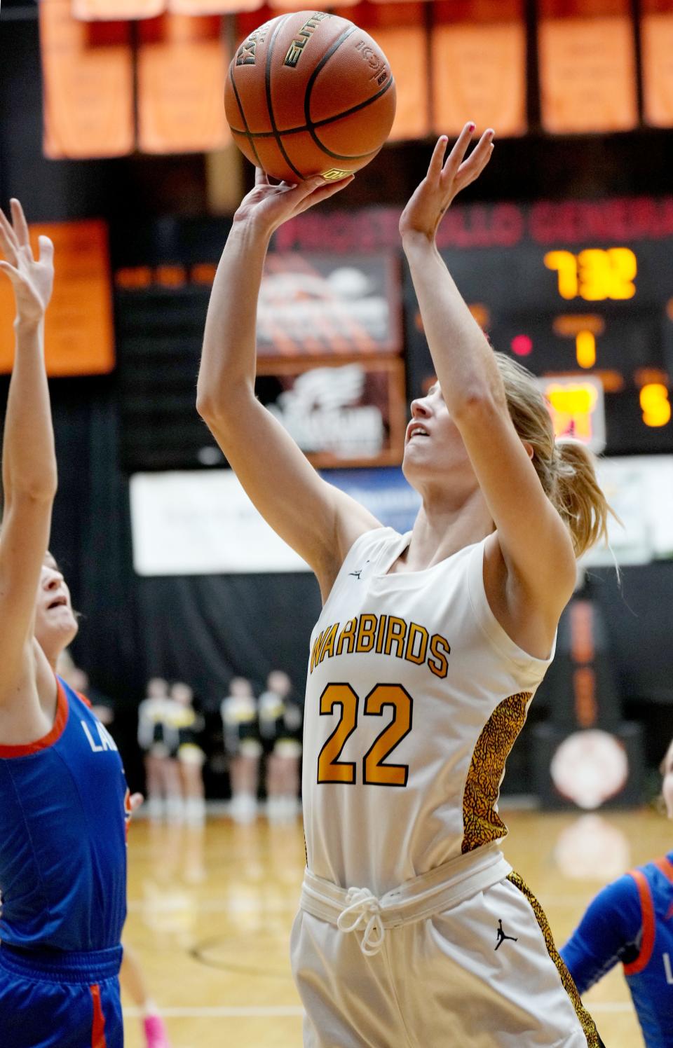 Wolsey-Wessington's Mya Boomsma puts up a shot over  a Jones County defender during their first-round game in the state Class B high school girls basketball tournament on Thursday, March 9, 2023 in the Huron Arena. Wolsey-Wessington won 53-42.