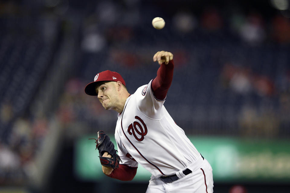 Washington Nationals starting pitcher Patrick Corbin delivers during the first inning of a baseball game against the Philadelphia Phillies, Monday, Sept. 23, 2019, in Washington. (AP Photo/Nick Wass)