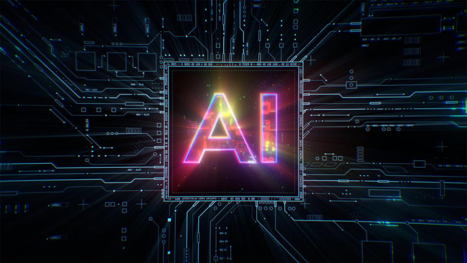 A graphic depicting a circuit board with a chip in the middle labeled AI.