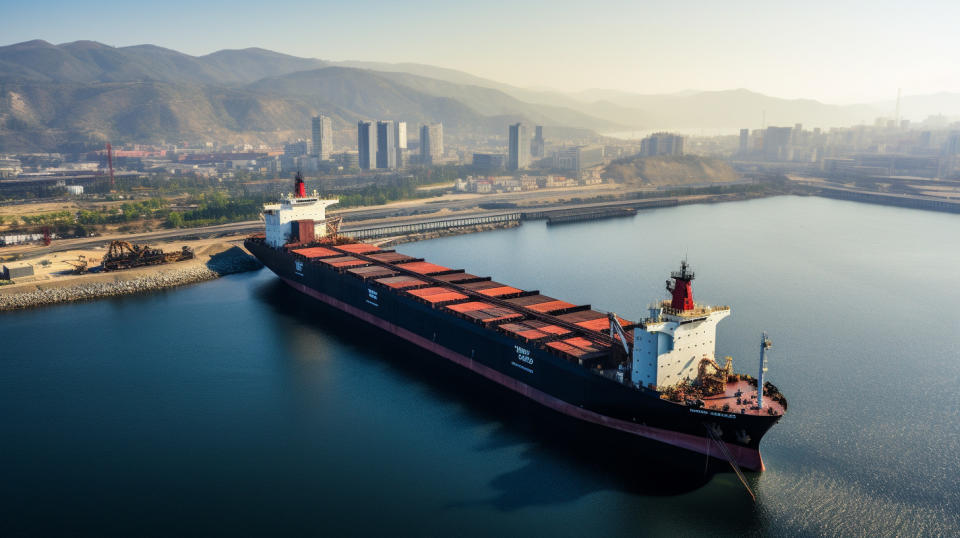 A dry bulk vessel loaded with coal, approaching a port, viewed from a distance.