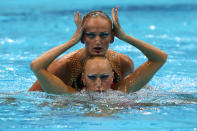 LONDON, ENGLAND - AUGUST 07: Daria Iushko and Kseniya Sydorenko of the Ukraine compete in the Women's Duets Synchronised Swimming Free Routine Final on Day 11 of the London 2012 Olympic Games at the Aquatics Centre on August 7, 2012 in London, England. (Photo by Clive Rose/Getty Images)