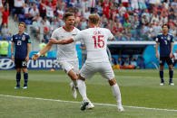 <p>Jan Bednarek celebrates with Kamil Glik after scoring their first goal </p>