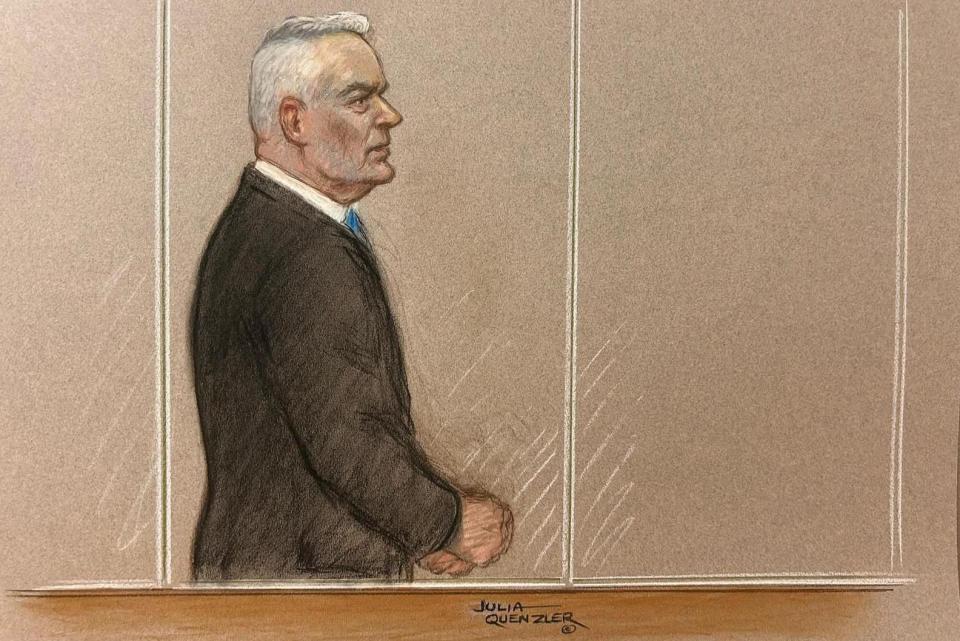 A court sketch showing Huw Edwards