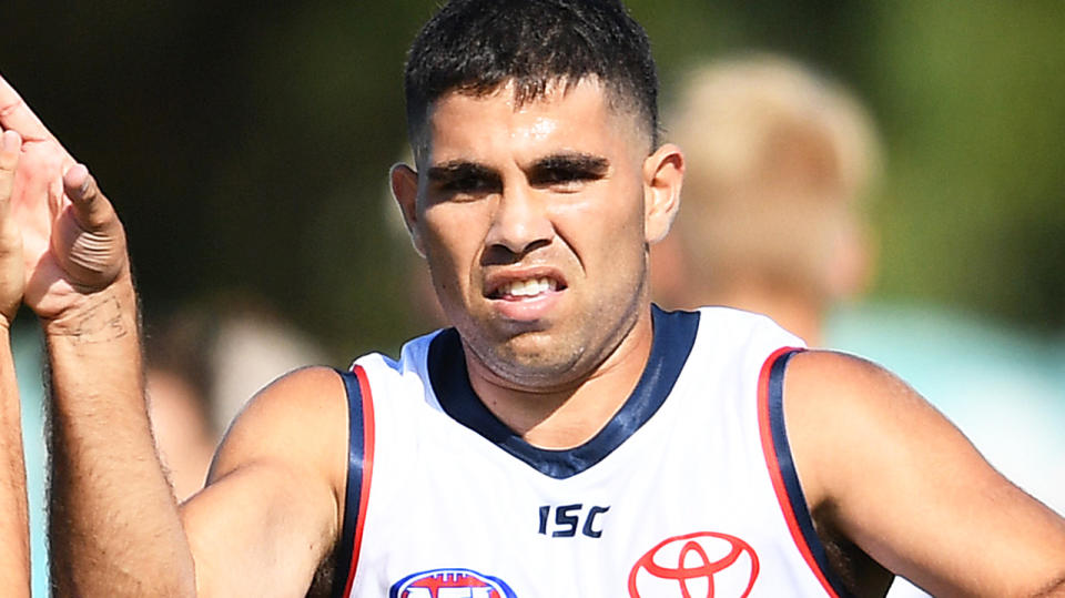 Tyson Stengle is pictured playing for the Adelaide Crows in a 2020 AFL pre-season match.