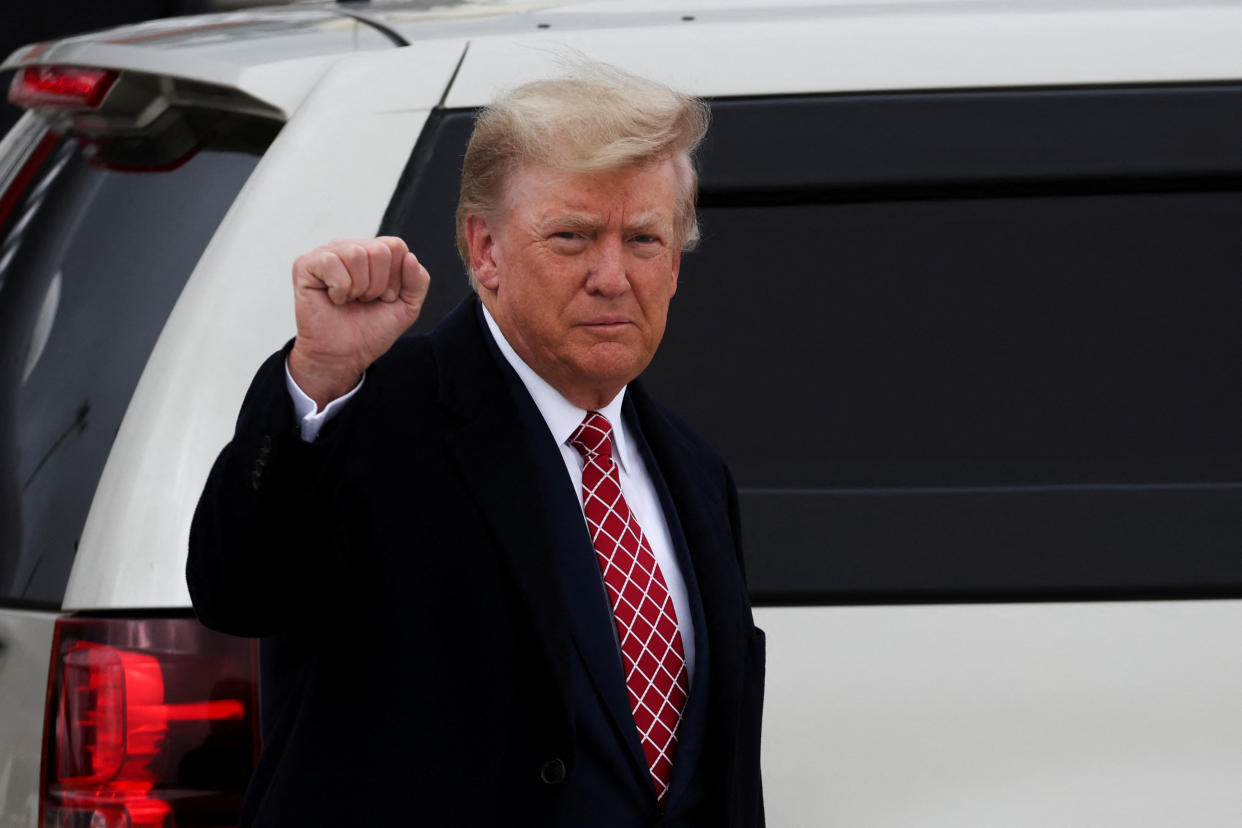 Former President and Republican presidential candidate Donald Trump gestures after arriving at Aberdeen International Airport in Aberdeen, Scotland, Britain May 1, 2023. (Russell Cheyne/Reuters)