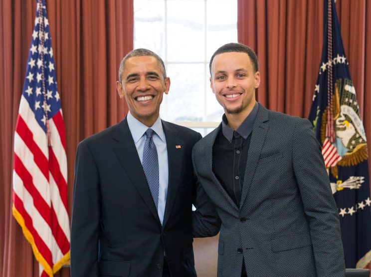 Former President Barack Obama with Warriors star Stephen Curry. (Official White House Photo/Pete Souza)