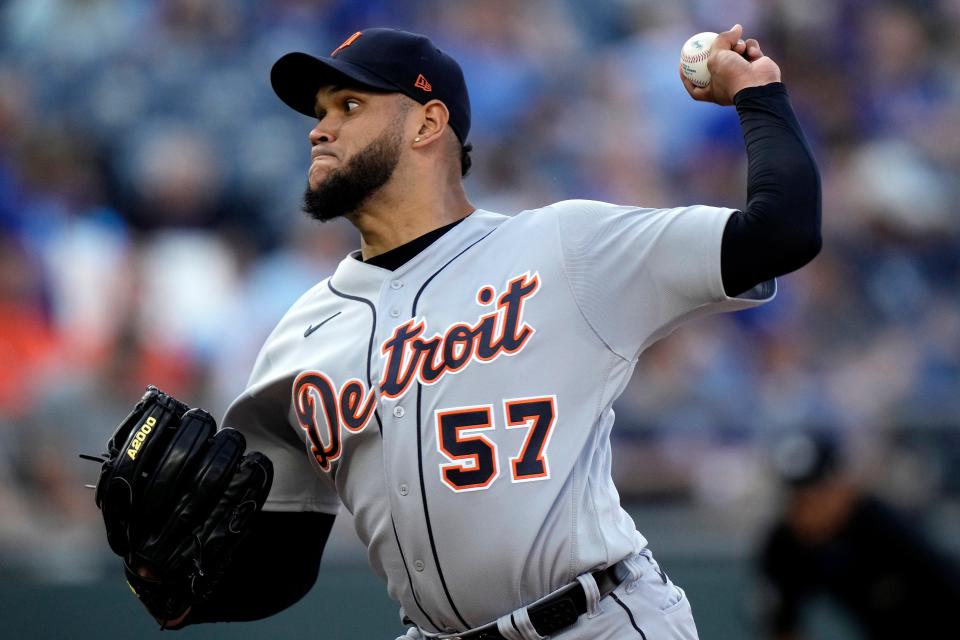 Detroit Tigers starting pitcher Eduardo Rodriguez throws during the first inning of a game against the Kansas City Royals at Kauffman Stadium in Kansas City, Missouri, on Tuesday, May 23, 2023.