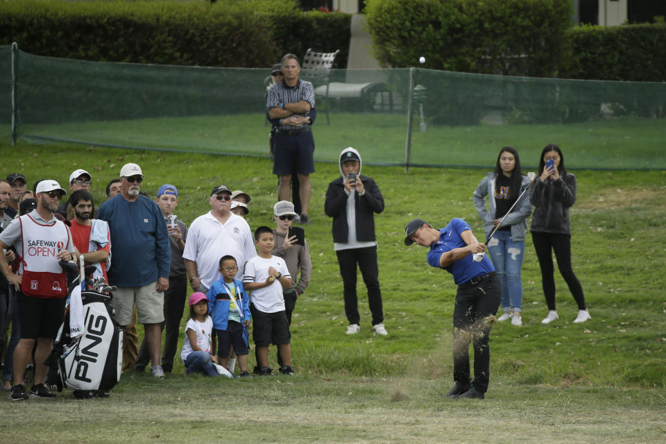 Cameron Champ hits his approach shot from off the first fairway of the Silverado Resort North Course during the final round of the Safeway Open PGA golf tournament Sunday, Sept. 29, 2019, in Napa, Calif. (AP Photo/Eric Risberg)