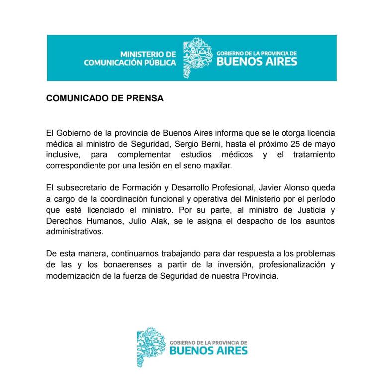 Así comunicaron desde el gobierno bonaerense la licencia de Berni