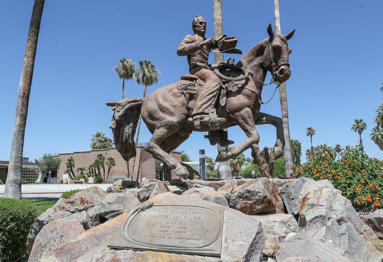 A statue of longtime Palm Springs mayor Frank Bogert sits in front of Palm Springs City Hall in a 2020 photo.