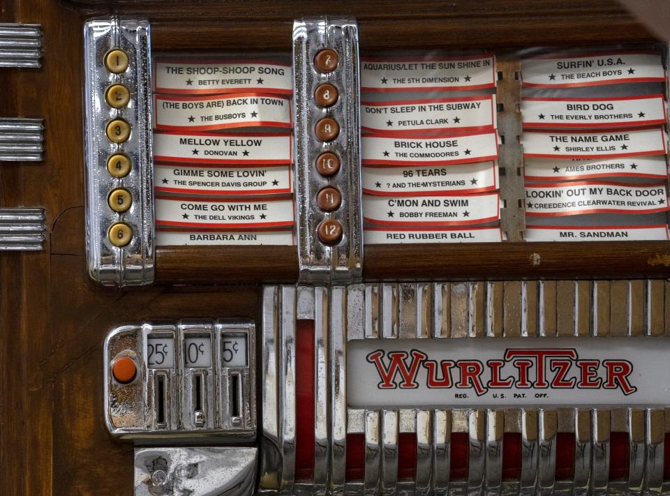 A menu of music options is seen on a Wurlitzer Jukebox in Bob Peltz's Big Boy Toys Restorations shop Monday, June 6, 2022 in Lebanon. Peltz fixes and restores pre-1975 vintage items like classic jukeboxes, Coke machines, pinball machines, etc.