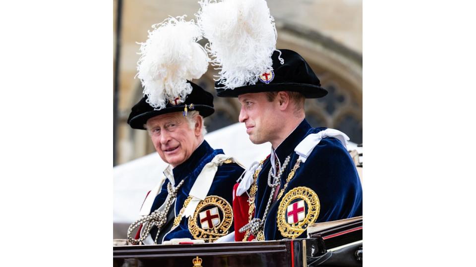 King Charles and Prince William in feathered hats