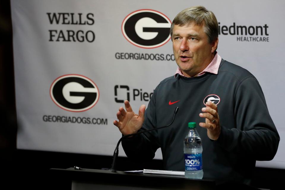 Georgia coach Kirby Smart speaks to the media on the eve of the start of fall football camp in Athens, Ga., on Wednesday, Aug. 2, 2023.