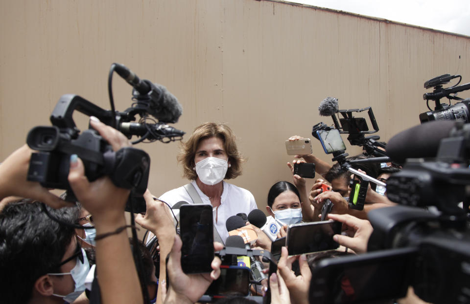 Cristiana Chamorro, former director of the Violeta Barrios de Chamorro Foundation for Reconciliation and Democracy, and daughter of a former president, speaks to the press at the public Ministry where she was called for a meeting to explain alleged "inconsistencies" in financial reports filed with the government between 2015 and 2019 in Managua, Nicaragua, Friday, May 21, 2021. After the meeting, she accused President Daniel Ortega of ordering that evidence be fabricated against her. (AP Photo/Diana Ulloa)