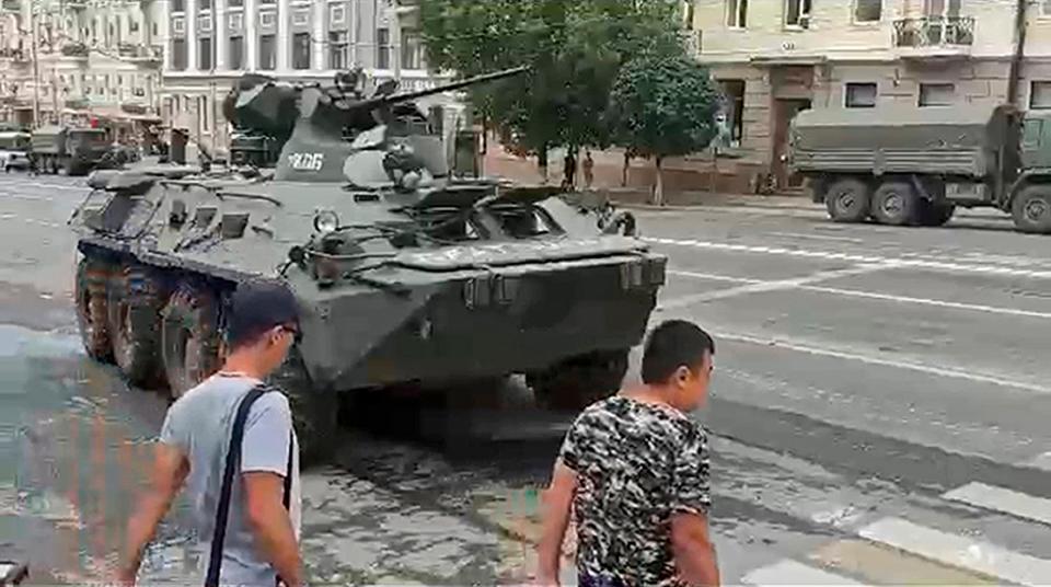 A Russian armored vehicle patrols a street in Rostov-on-Don (AP)