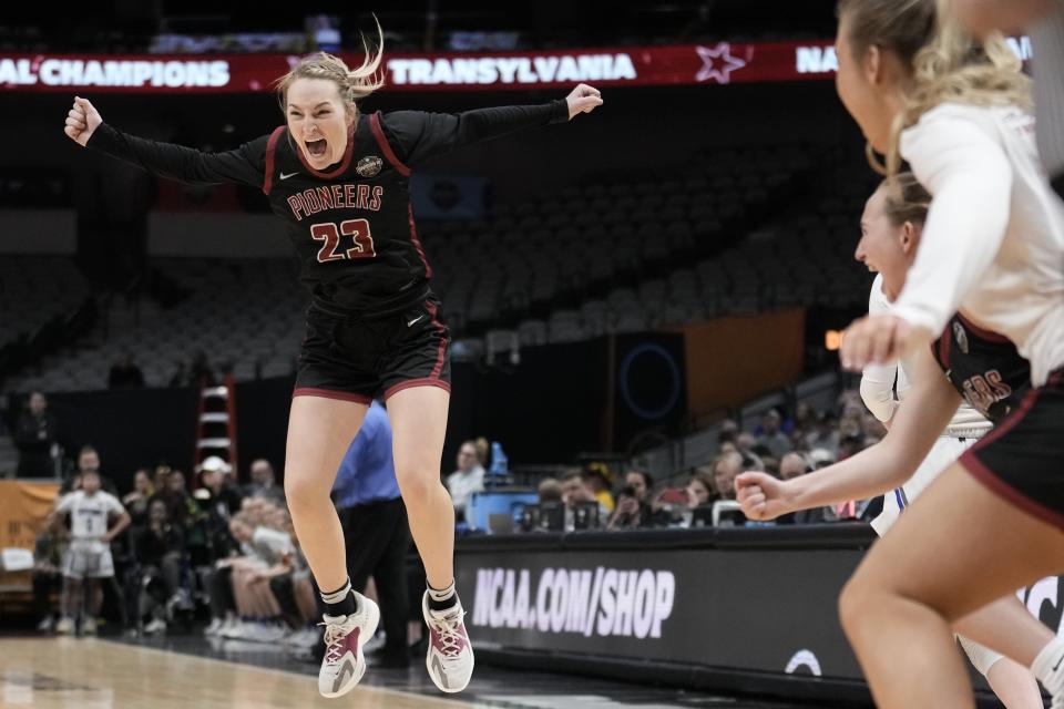 Transylvania's Sydney Wright celebrates after winning NCAA Women's Division 3 championship basketball game against Christopher Newport Saturday, April 1, 2023, in Dallas. (AP Photo/Morry Gash)