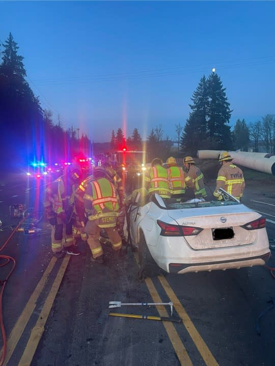 A two car crash, which left one of the vehicles on fire, injured three people on Mar. 30. 2024. (Courtesy: Tualatin Valley Fire & Rescue)