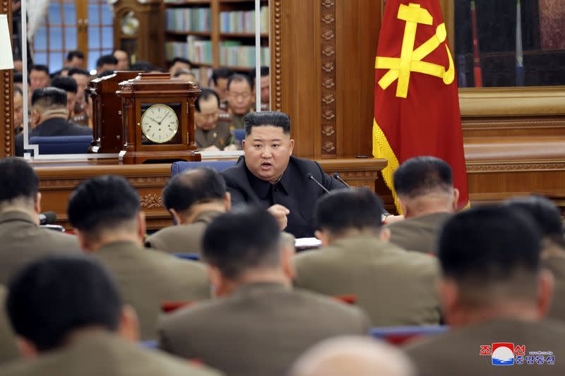 North Korean leader Kim Jong Un speaks during the Third Enlarged Meeting of the Seventh Central Military Commission of the Workers' Party of Korea