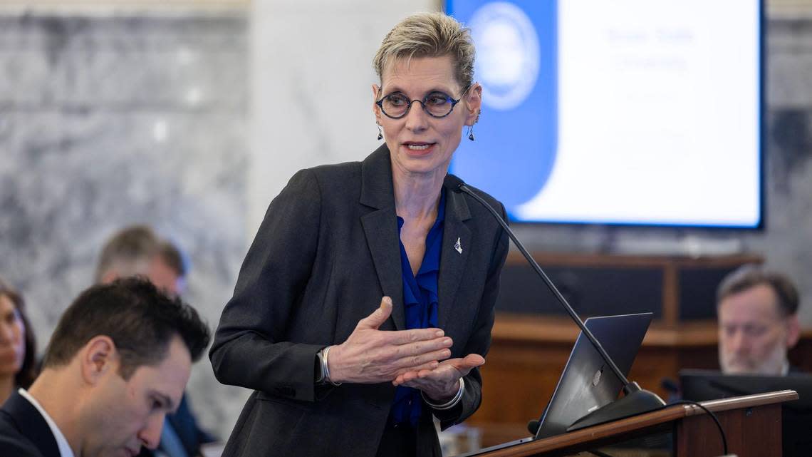 Boise State University President Marlene Tromp addresses the Joint Finance-Appropriations Committee in February 2024 at the Capitol. Idaho universities, including Boise State, say they’re struggling to keep up with the rising costs to provide a college education.