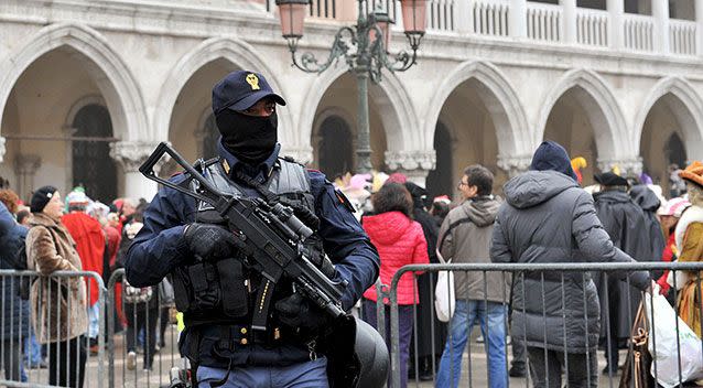 A Police officer patrols St Mark's Square in January, 2016. Source: AAP