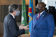 U.S. Secretary of State Antony Blinken, left, speaks with Democratic Republic of the Congo President Félix Tshisekedi during a meeting on the sidelines of the 76th Session of the U.N. General Assembly in New York, Thursday, Sept. 23, 2021. (Eduardo Munoz/Pool Photo via AP)