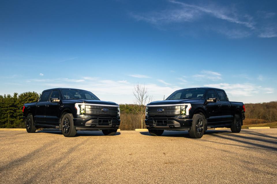 These two Ford F-150 Lightning Lariat pickup trucks are owned by Jacen Craft and his husband, Justin Koenig, of Brecksville, Ohio. They each work in the roofing industry and began their all-electric experience with a Ford Mustang Mach-E and moved into their comfort zone: trucks.
