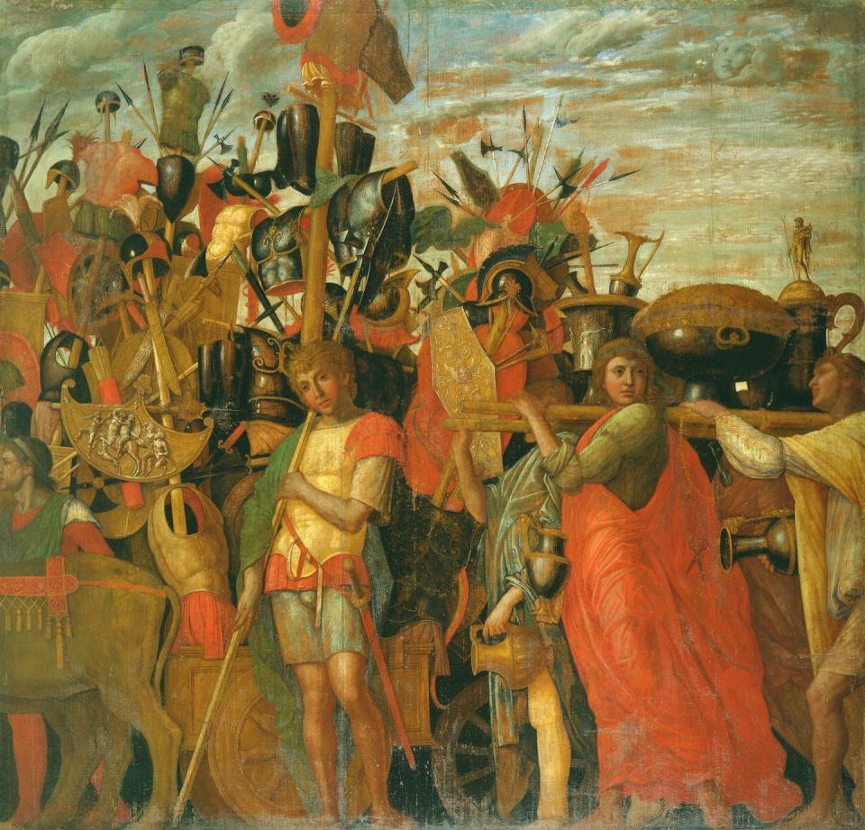 This 15th-century painting depicts Romans carrying weapons, armor and other treasures captured in battle. <a href="https://commons.wikimedia.org/wiki/File:Triumph3-Mantegna-bearers-of-trophies-and-bullion.jpg" rel="nofollow noopener" target="_blank" data-ylk="slk:Andrea Mantegna via Wikimedia Commons;elm:context_link;itc:0;sec:content-canvas" class="link ">Andrea Mantegna via Wikimedia Commons</a>