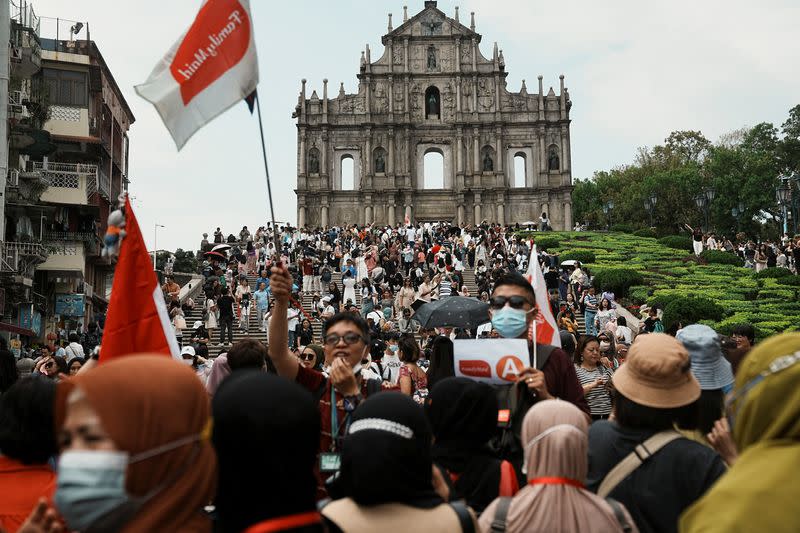 A view of visitors in front of the ruins of Saint Paul's during Labour Day holiday in Macau