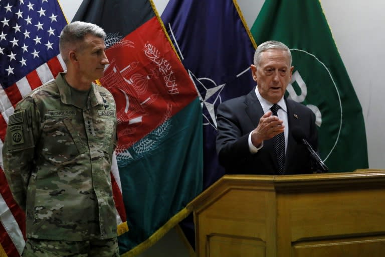 US Defense Secretary James Mattis, pictured (R) with General John Nicholson, commander of US and NATO forces in Afghanistan, warned of "another tough year" when he visited Kabul