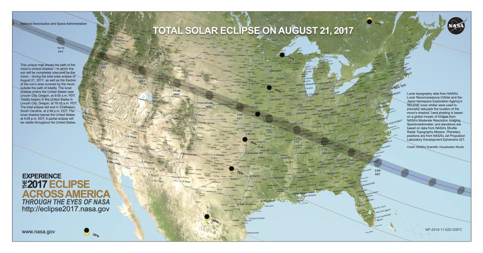 This map shows the path of the moon's umbral shadow – in which the sun was completely obscured by the moon – during the total solar eclipse of Aug. 21, 2017, as well as the fraction of the sun's area covered by the moon outside the path of totality. A partial eclipse was visible throughout the United States. / Credit: NASA