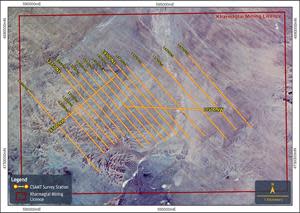 The Kharmagtai Mining Licence showing satellite imagery and location of the CSAMT survey lines. The lines labels in Yellow represent the lines seen in Figure 5.