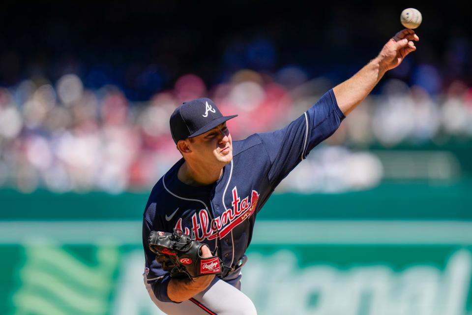 Atlanta Braves starting pitcher Jared Shuster throws during the first inning of a baseball game against the Washington Nationals at Nationals Park, Sunday, April 2, 2023, in Washington.