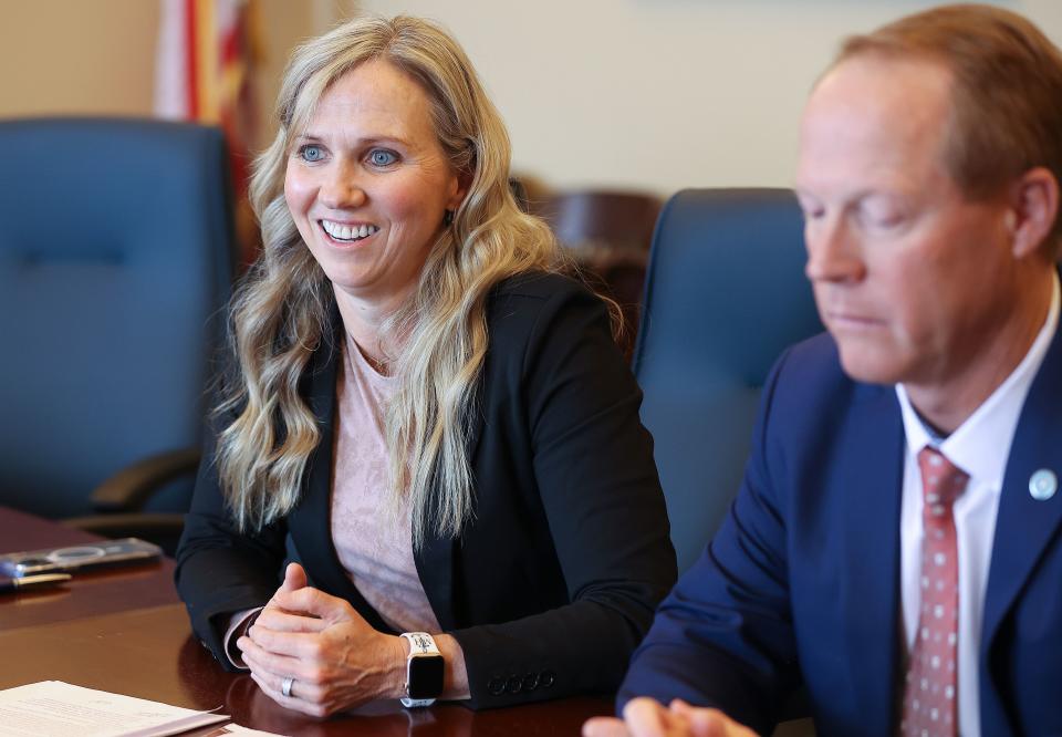 Rep. Katy Hall, R-Ogden, discusses the Equal Opportunity Initiatives bill at the Capitol in Salt Lake City on Wednesday, Jan. 10, 2024. Sen. Keith Grover, R-Provo, is next to her. | Kristin Murphy, Deseret News