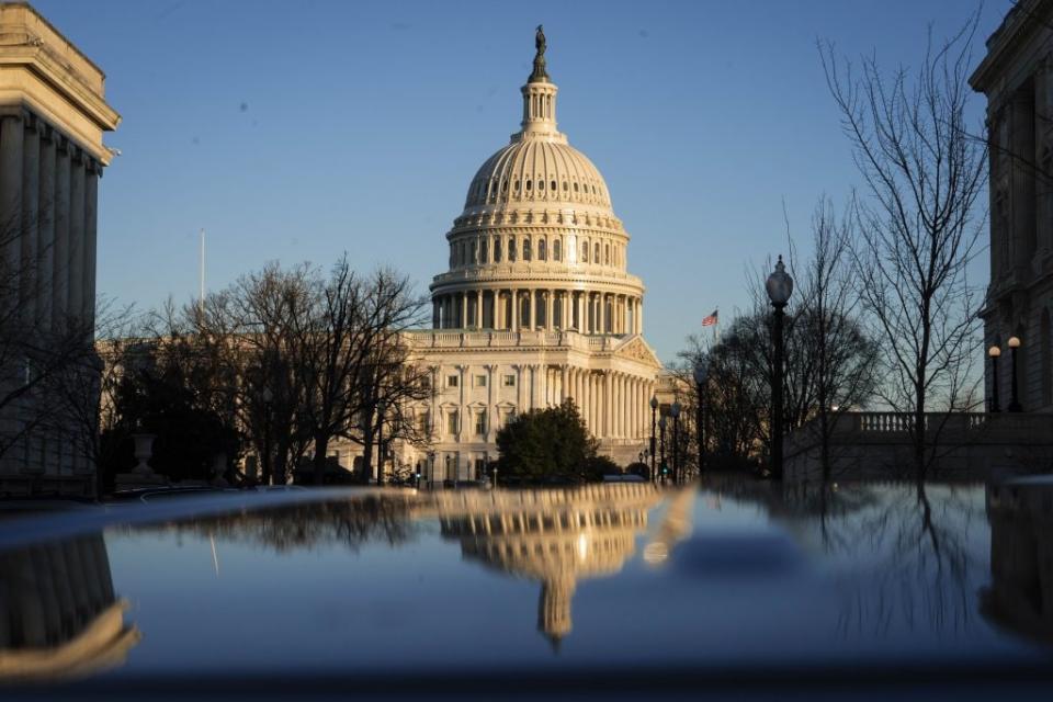 The exterior of the U.S. Capitol building is seen at sunrise on February 8, 2021 in Washington, DC. (Photo by Sarah Silbiger/Getty Images)