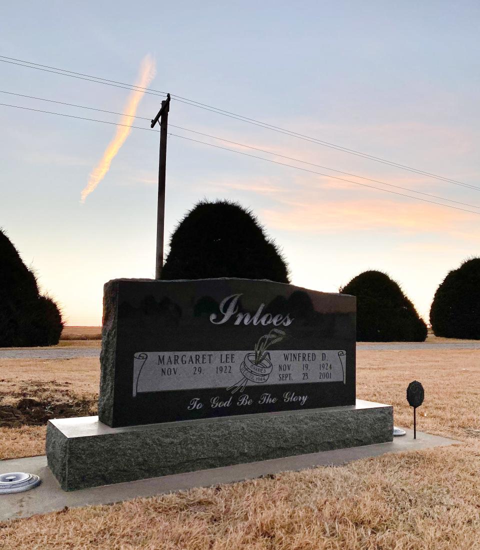 The gravestone of Margaret Lee and Winfred Inloes, which was recently updated with Margaret Lee's name following her death from COVID-19 in Gove County, Kansas.