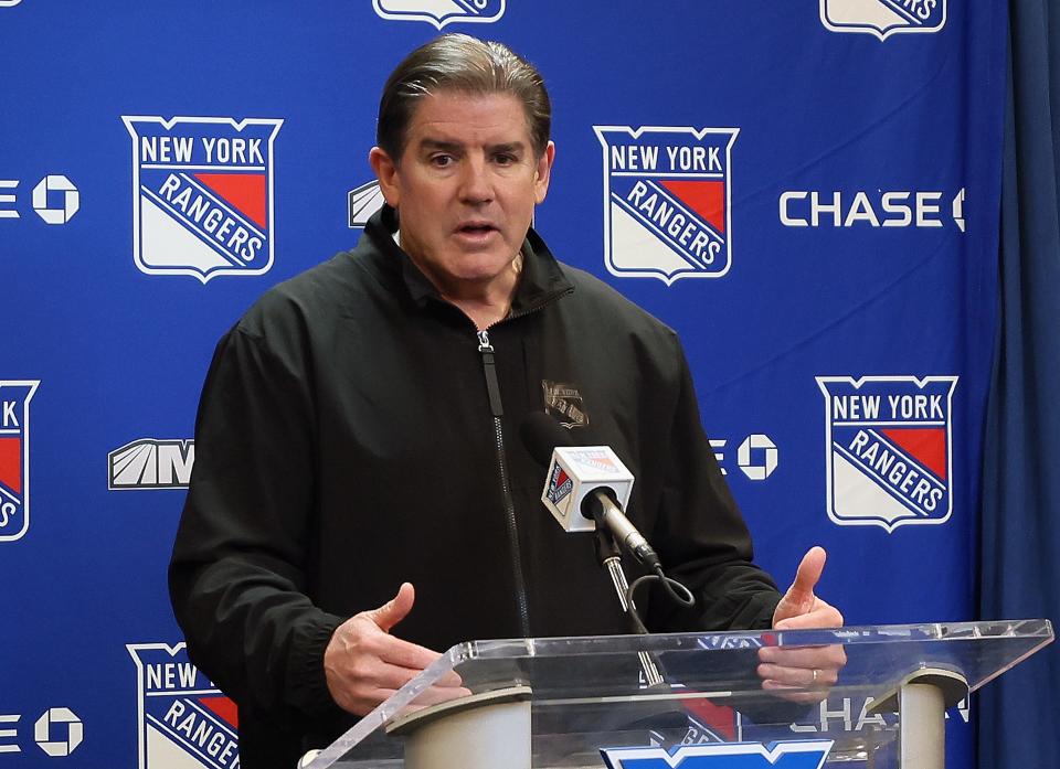 NEW YORK, NEW YORK - APRIL 13: Head coach Peter Laviolette of the New York Rangers speaks with the media prior to the game against the New York Rangers at Madison Square Garden on April 13, 2024 in New York City.