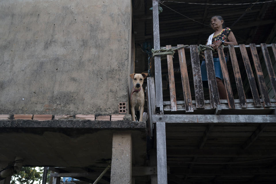 In this Nov. 27, 2019 photo, a woman stands on her stilt house with her dog, watching young boys playing soccer in the Vila Nova neighborhood of Itaituba on the Trans-Amazon highway in Para state, Brazil. The highway, carved through jungle during Brazil's military dictatorship in the 1970s, was built to bend nature to man's will in the vast hinterland. Four decades later, there's development taking shape, but also worsening deforestation, and locals harbor concerns that progress may pass them by. (AP Photo/Leo Correa)