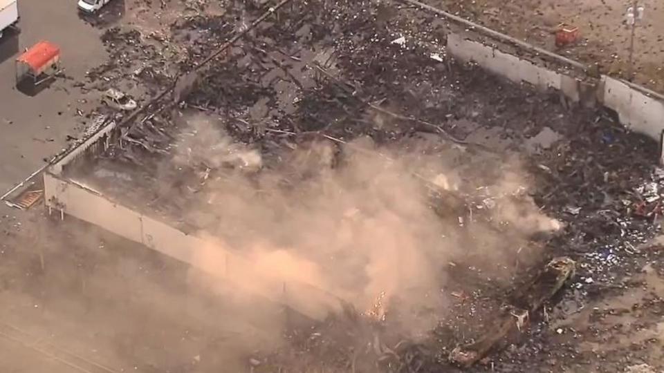 PHOTO: A 19-year-old was killed when they were struck by a flying canister from an industrial explosion and fire in Clinton Township, Mich., late Monday, March 4, 2024. (WXYZ)