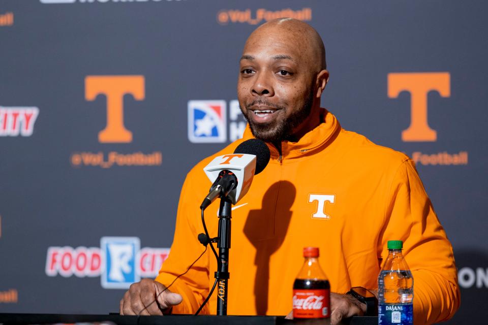 Tennessee running backs coach De'Rail Sims addresses the media during a press conference on March 4, 2024.