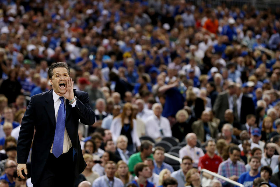 Head coach John Calipari of the Kentucky Wildcats reacts in the second half while taking on the Kansas Jayhawks in the National Championship Game of the 2012 NCAA Division I Men's Basketball Tournament at the Mercedes-Benz Superdome on April 2, 2012 in New Orleans, Louisiana. (Photo by Jeff Gross/Getty Images)