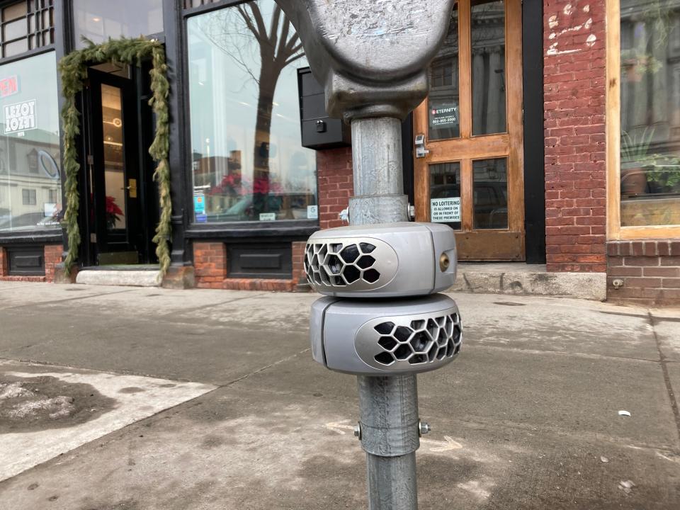 An up-close view of the test sensors on Main Street that are not yet up and running. The city will have a three-month trial to collect data from the sensors once they begin functioning.