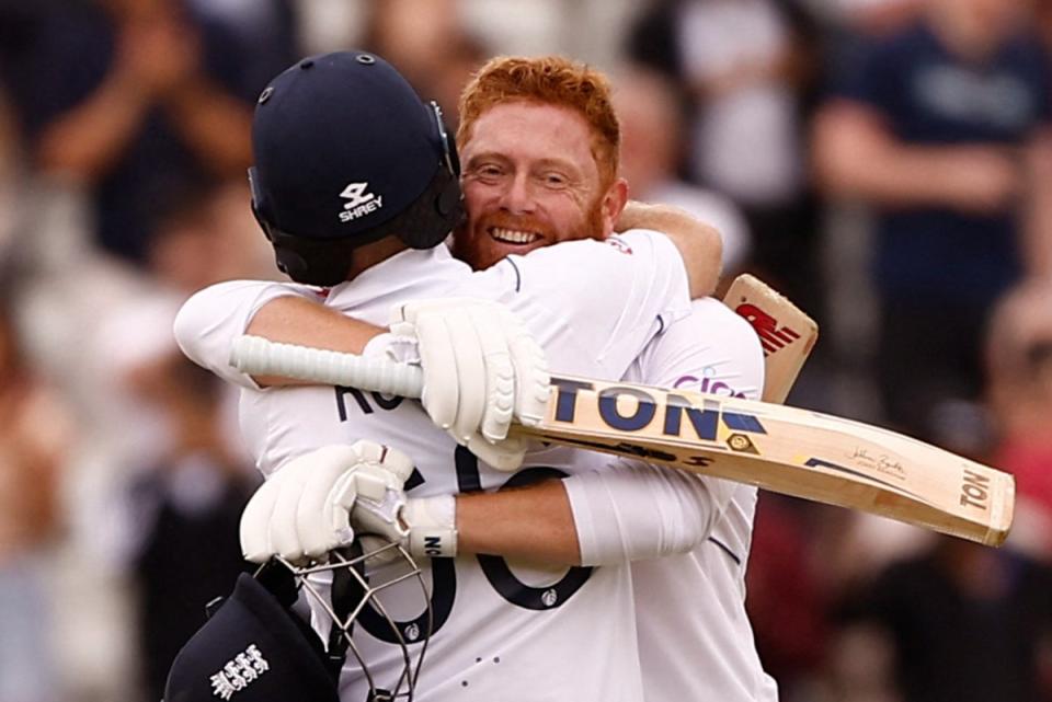 England heroes: Joe Root and Jonny Bairstow embrace after thwarting India in incredible fashion at Edgbaston  (Action Images via Reuters)