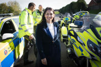 Home Secretary Priti Patel during a visit to Kent Police College in Maidstone, as part of an announcement on police recruitment following previous government pledges to bring in thousands more officers. PA Photo. Picture date: Wednesday October 9, 2019. Police recruitment targets for every force in England and Wales have been announced by the government as part of its pledge to hire 20,000 new officers. In the first wave of the roll-out, the Home Office will provide Â£750 million to support the 43 forces to recruit up to 6,000 new officers by the end of 2020-21. See PA story POLITICS Policing. Photo credit should read: Stefan Rousseau/PA Wire (Photo by Stefan Rousseau/PA Images via Getty Images)