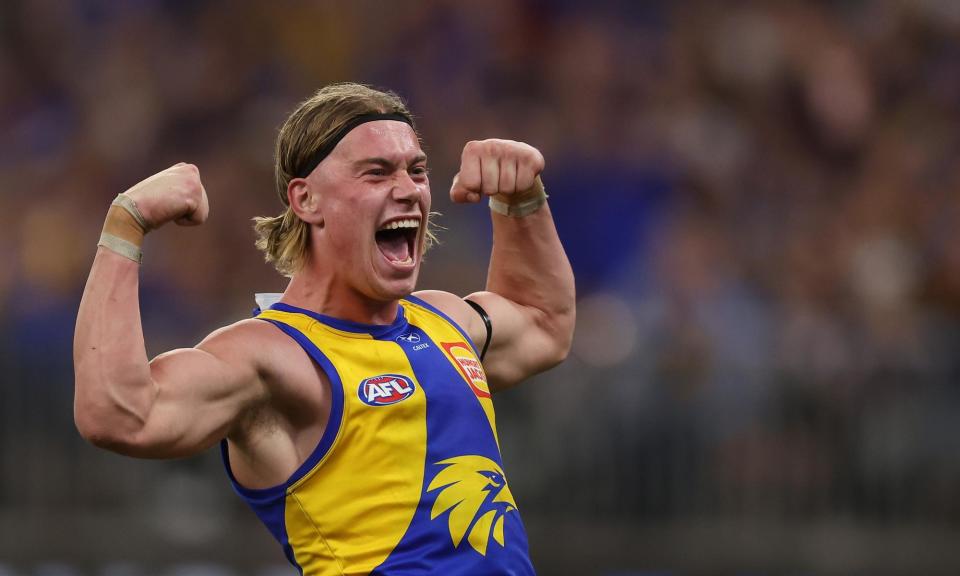 <span>West Coast’s Harley Reid celebrates his goal in the Rd 6 victory over the Fremantle Dockers at Optus Stadium.</span><span>Photograph: Will Russell/AFL Photos/Getty Images</span>