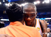 Kevin Durant of the Oklahoma City Thunder hugs his mother Wanda Pratt after the Thunder defeat the Miami Heat 105-94 in Game One of the 2012 NBA Finals at Chesapeake Energy Arena on June 12, 2012 in Oklahoma City, Oklahoma. (Photo by Ronald Martinez/Getty Images)