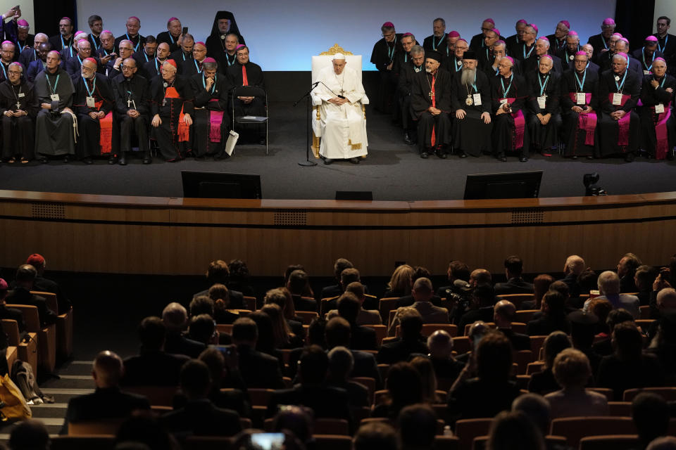 Pope Francis delivers his speech during the final session of the "Rencontres Mediterraneennes" meeting at the Palais du Pharo, in Marseille, France, Saturday, Sept. 23, 2023. Francis, during a two-day visit, will join Catholic bishops from the Mediterranean region on discussions that will largely focus on migration. (AP Photo/Pavel Golovkin)