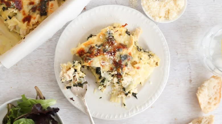 Top-down view of chicken and spinach lasagna