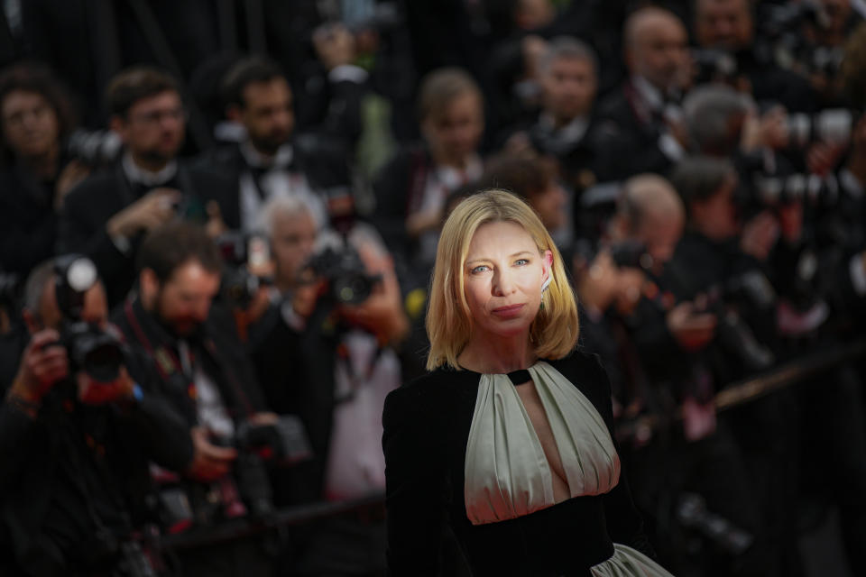 Cate Blanchett poses for photographers upon arrival at the premiere of the film 'Killers of the Flower Moon' at the 76th international film festival, Cannes, southern France, Saturday, May 20, 2023. (AP Photo/Daniel Cole)